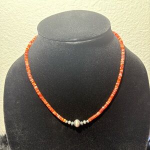 Dark Orange Spiny Oyster Necklace With Navajo Pearls